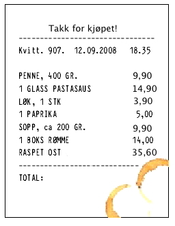 En kvittering der det i venstre kolonne står: PENNE 400 GR., 1 GLASS PASTASAUS, LØK 1 STK., 1 PAPRIKA, SOPP ca.200 GR., 1 BOKS RØMME, RASPET OST. I høyre kolonne står det: 9.90, 14.90, 3.90, 5.00, 9.90, 14.00, 35.60. (punktum står for komma i desimaltall)